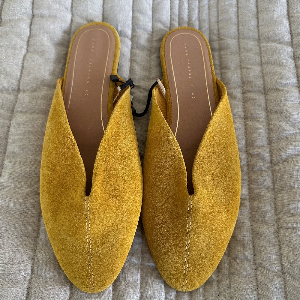 Zara Yellow Suede Slides, Brand New